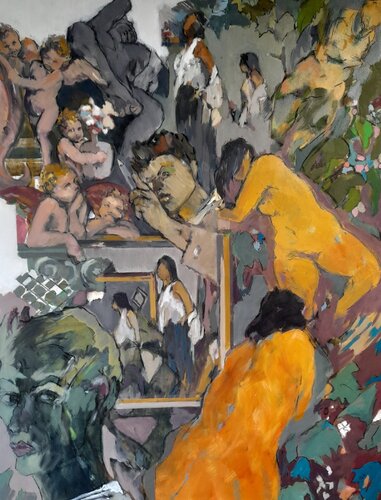 The Artist follows his Muses up to Heaven de Lynn Bushell, Pintura a la venta en Singulart