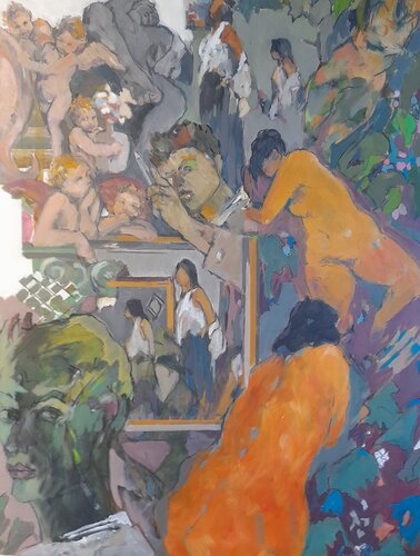 The Artist follows his Muses up to Heaven by Lynn Bushell, Painting for Sale on Singulart