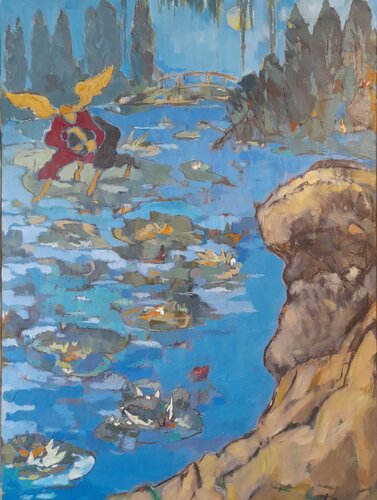 A Disturbance of the Peace in Monet's Water Garden par Lynn Bushell, Peinture en vente sur Singulart