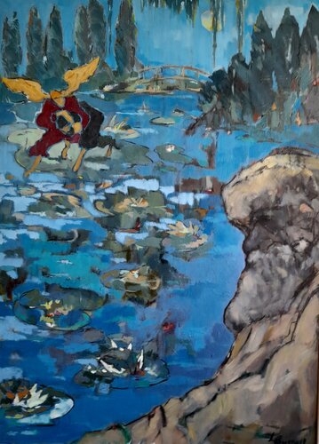 A Disturbance of the Peace in Monet's Water Garden by Lynn Bushell, Painting for Sale on Singulart