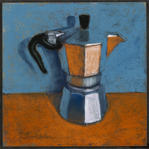 Still Life of Moka Pot with Blue and Orange by Andrew Weber, Painting for Sale on Singulart