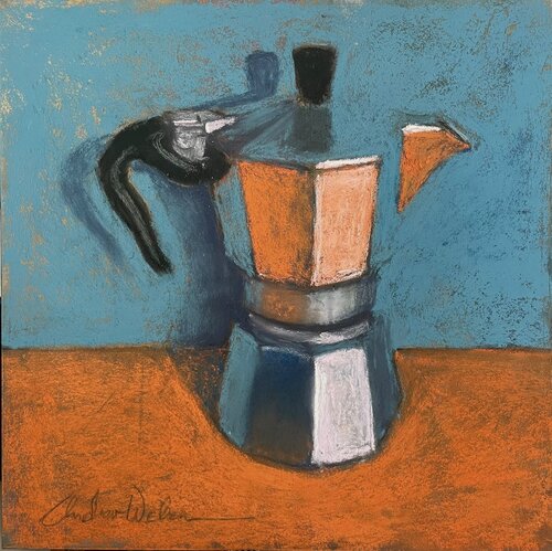 Still Life of Moka Pot with Blue and Orange von Andrew Weber, Malerei kaufen auf Singulart