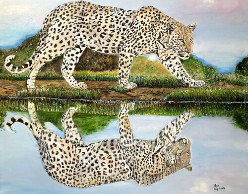 Leopard in Reflection van Fari Ali, Schilderij te koop op Singulart