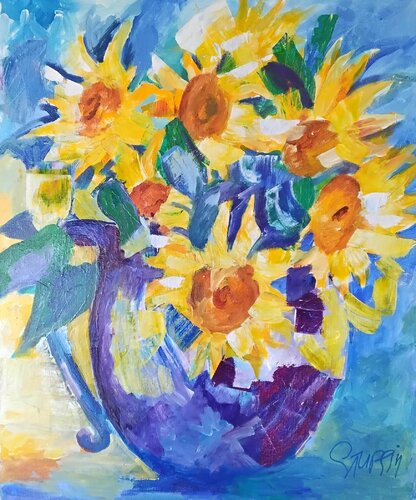 Tournesols dorés ( Golden Sunflowers) VIi. - Floraison Imaginaire ( Imaginary Bloom) de Genevieve Turpin, Pintura a la venta en Singulart