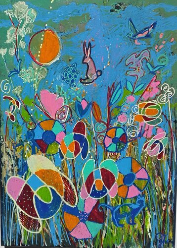Jardin aux visiteurs secrets  (Garden of secret visitors)   IV  -  Jardins Sauvages ( Wild Gardens) par Genevieve Turpin, Peinture en vente sur Singulart