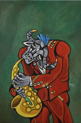 The Minotaur's golden Saxophone van Nagui Achamallah, Schilderij te koop op Singulart
