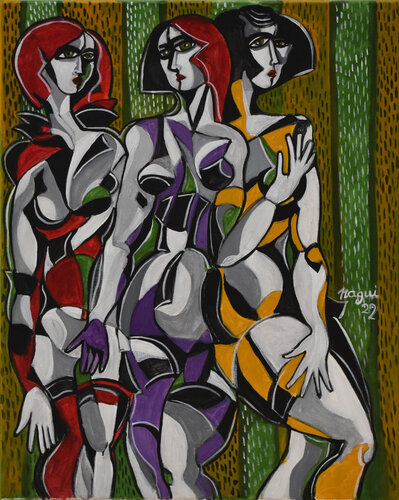 Three models posing van Nagui Achamallah, Schilderij te koop op Singulart
