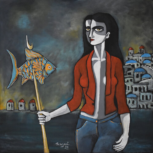 Night spearfishing in Mykonos de Nagui Achamallah, Pintura a la venta en Singulart