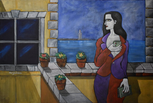 A balcony on the harbor von Nagui Achamallah, Malerei kaufen auf Singulart