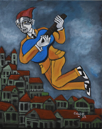 Flight of the blue guitar by Nagui Achamallah, Painting for Sale on Singulart