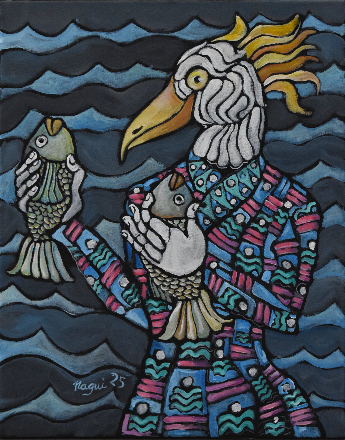 Seagull with fish Nagui Achamallah Original painting for sale