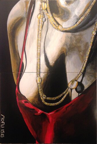 RED BUSTIER (Red Light Series #2 - Diptych 15.15) van Mofu Banal Painter, Schilderij te koop op Singulart