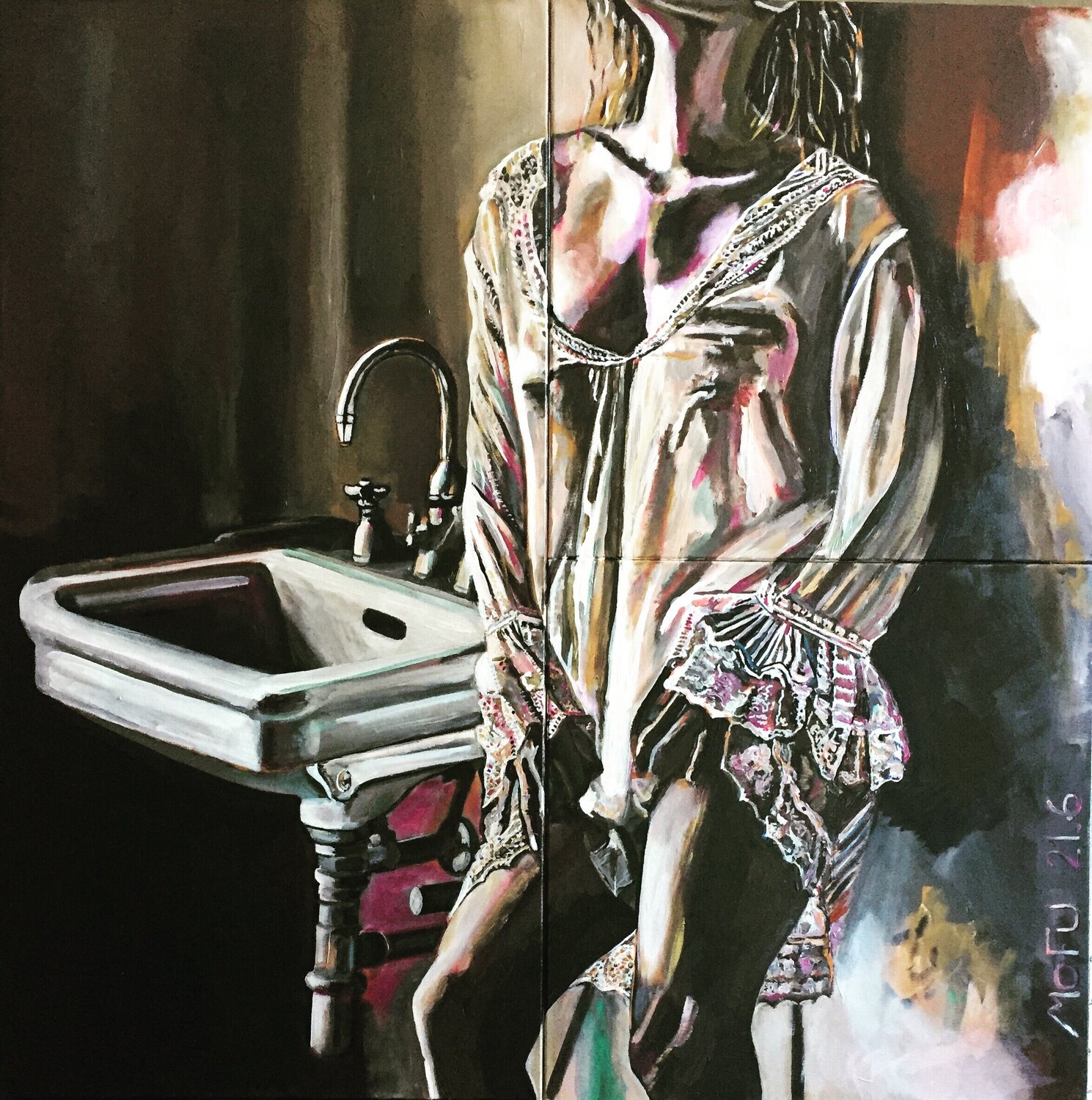C'ERA UNA VOLTA MALINCONIA - (Reflections series 17 - Triptych 21.6) Mofu Banal Painter Originalgemälde zu verkaufen