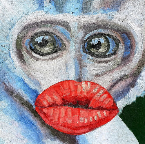 The Kiss of the Ape - Surreal Oil Portrait by Roi Pajursky, Painting for Sale on Singulart