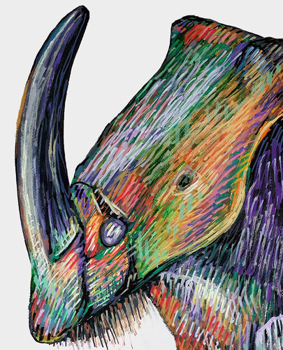 Rhino Beetle in Technicolor | Original Acrylic Marker Painting van Roi Pajursky, Schilderij te koop op Singulart