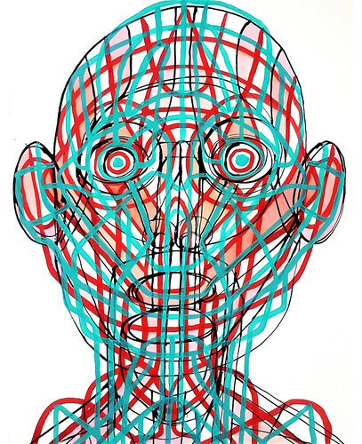 The Grid of Consciousness - Abstract Geometric 3D Face van Roi Pajursky, Schilderij te koop op Singulart