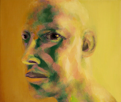 Yellow Self-Portrait: A Study in Ocher, Emerald, and Internal Light by Roi Pajursky, Painting for Sale on Singulart