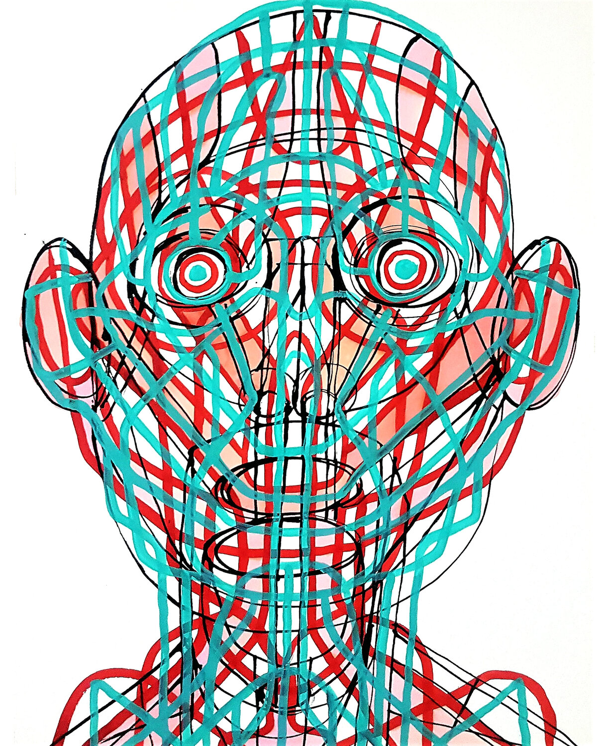 The Grid of Consciousness - Abstract Geometric 3D Face Roi Pajursky Originalgemälde zu verkaufen
