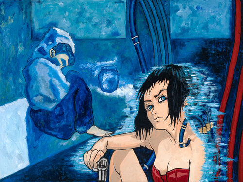 Crouching Woman and Motoko Holding a Gun van Kent Laforme, Schilderij te koop op Singulart