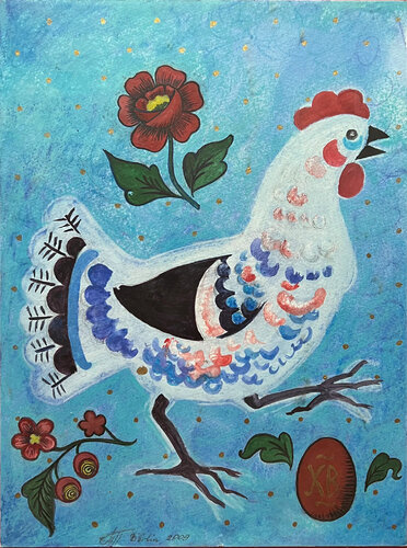 Ostern Hehne mit Ei und roter Blüme by Tatjana Perowa, Painting for Sale on Singulart