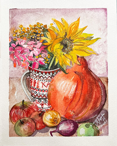 Kürbis, Geranie, Sonnenblume und Zwiebel by Tatjana Perowa, Painting for Sale on Singulart
