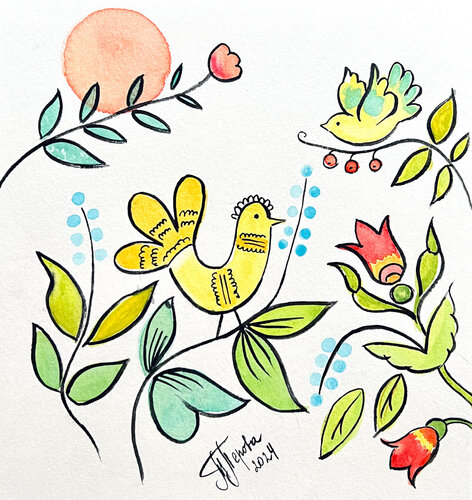 Frühlingsvögel und Sonnenschein di Tatjana Perowa, Pittura in vendita su Singulart