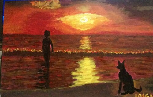 SLS16-005 Frau mit und im Sonnenuntergang van Michael Hoos, Schilderij te koop op Singulart