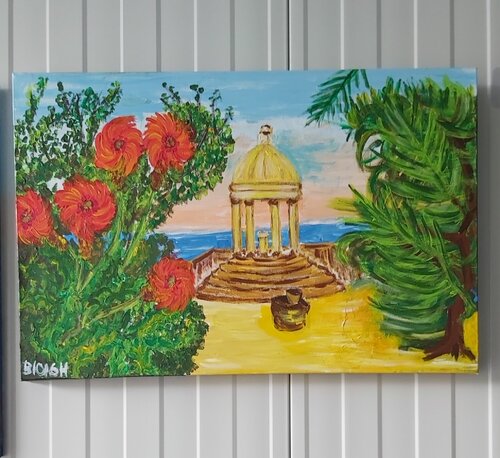 HLH16-004 Vortharblsiche Blumen an See mit Tempel by Michael Hoos, 회화 for Sale on Singulart
