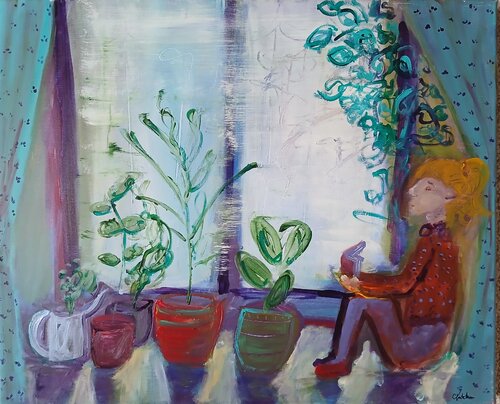 Baie vitrée, lectrice et les plantes vertes von caroline Kasteller, Malerei kaufen auf Singulart