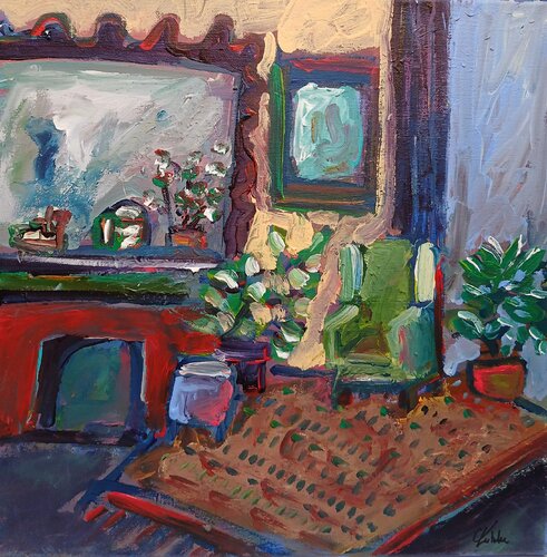 Intérieur au fauteuil vert di caroline Kasteller, Pittura in vendita su Singulart