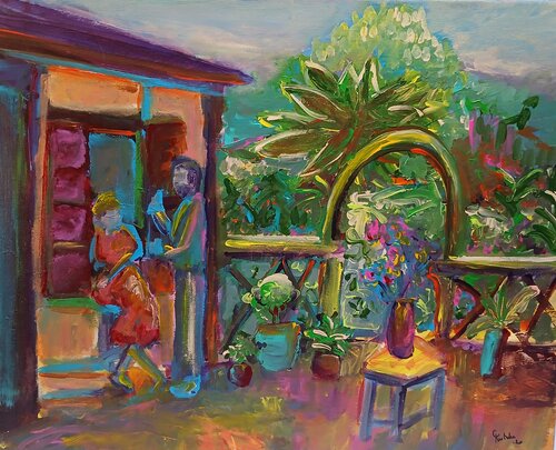 Marthe et Pierre sur leur terrasse by caroline Kasteller, Painting for Sale on Singulart
