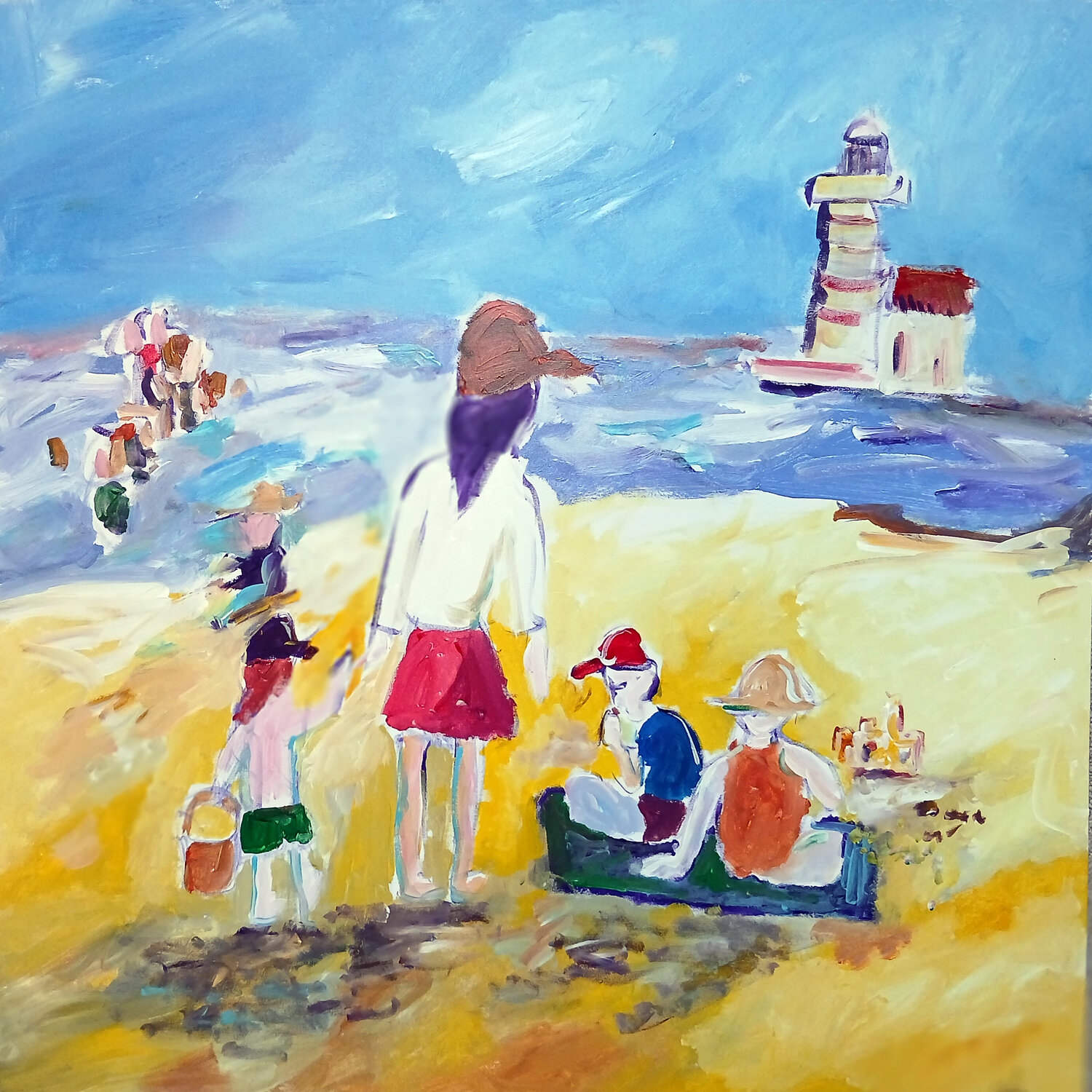 Dimanche en famille au bord de mer caroline Kasteller Originalgemälde zu verkaufen