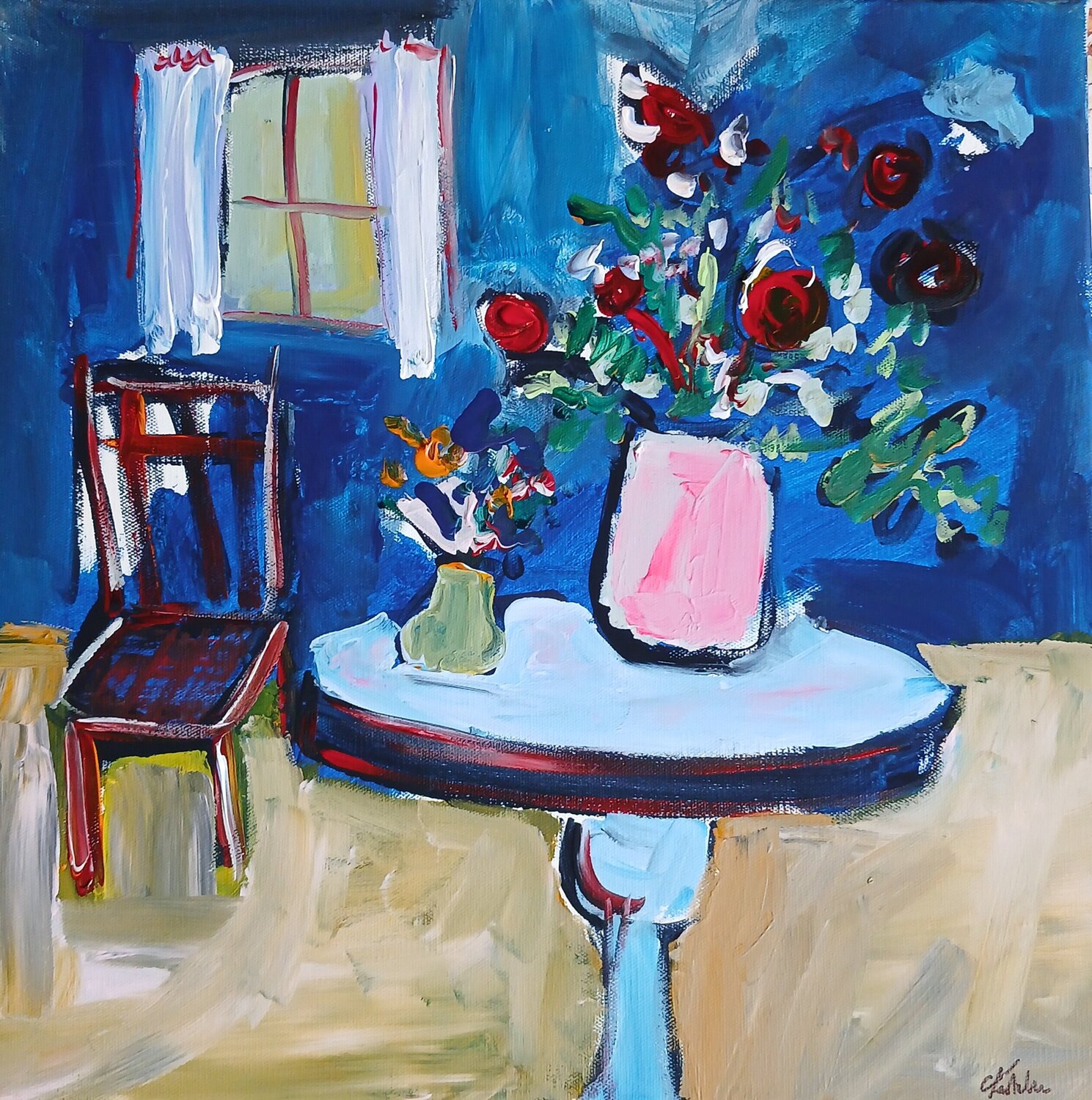 Intérieur aux murs bleus caroline Kasteller Originalgemälde zu verkaufen