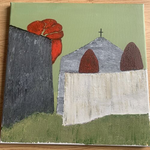 Une église derrière un mur 2 by Zoé COTTE, Painting for Sale on Singulart