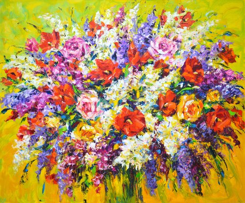 Bright bouquet of flowers. par Iryna Kastsova, Peinture en vente sur Singulart