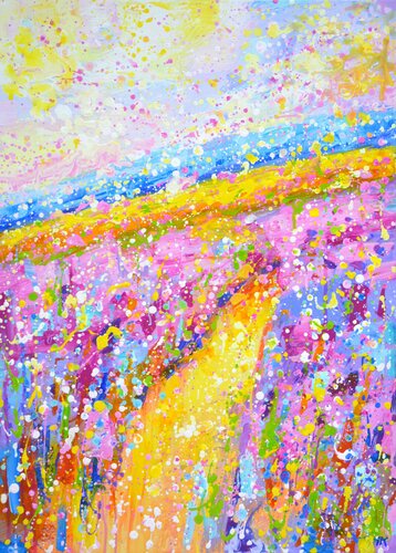 Flower field. Road. by Iryna Kastsova, Painting for Sale on Singulart