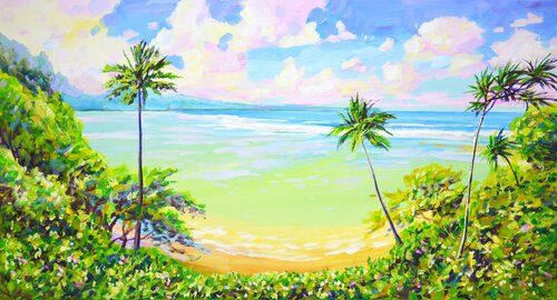 Ocean. Palm trees. Beach. di Iryna Kastsova, Pittura in vendita su Singulart