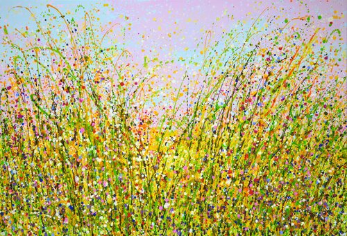 Pink evening. Flower field. di Iryna Kastsova, Pittura in vendita su Singulart