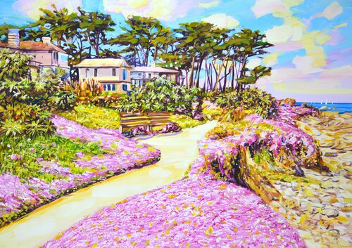 Sunny California. Pink flowers. di Iryna Kastsova, Pittura in vendita su Singulart