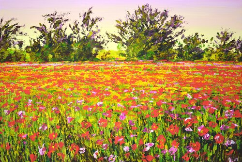 Poppy field. Summer evening. di Iryna Kastsova, Pittura in vendita su Singulart