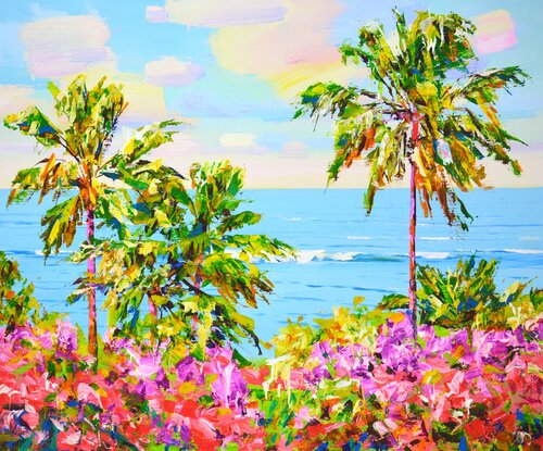 Palms. Ocean. Flowers. di Iryna Kastsova, Pittura in vendita su Singulart