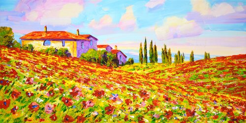 Italy. Poppy field. di Iryna Kastsova, Pittura in vendita su Singulart