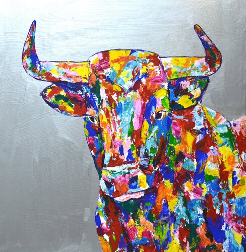 Bull on silver. di Iryna Kastsova, Pittura in vendita su Singulart