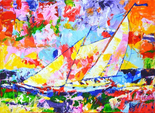 Yacht with a sail de Iryna Kastsova, Pintura a la venta en Singulart