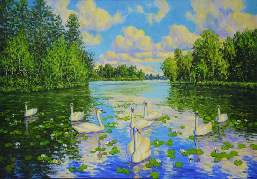 Lake. Swans di Iryna Kastsova, Pittura in vendita su Singulart
