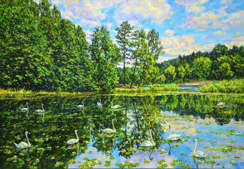 Lake. Swans par Iryna Kastsova, Peinture en vente sur Singulart