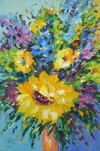 Bouquet with sunflower. van Iryna Kastsova, Schilderij te koop op Singulart