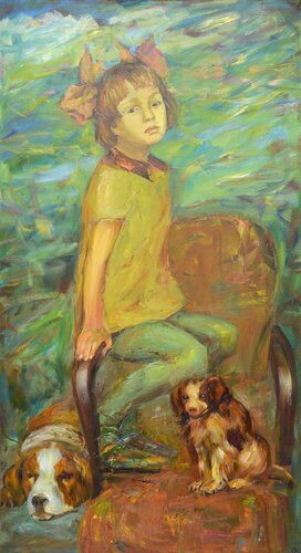 Girl with dogs. di Iryna Kastsova, Pittura in vendita su Singulart