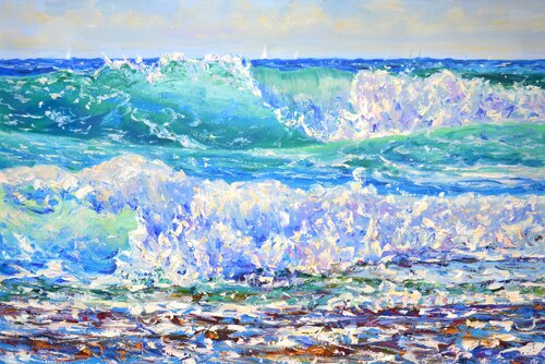 Ocean waves. Sailboats. par Iryna Kastsova, Peinture en vente sur Singulart