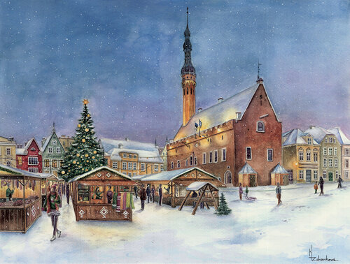 Christmas Market in Old Tallinn de Kateryna Zdravcheva, Obra en papel a la venta en Singulart